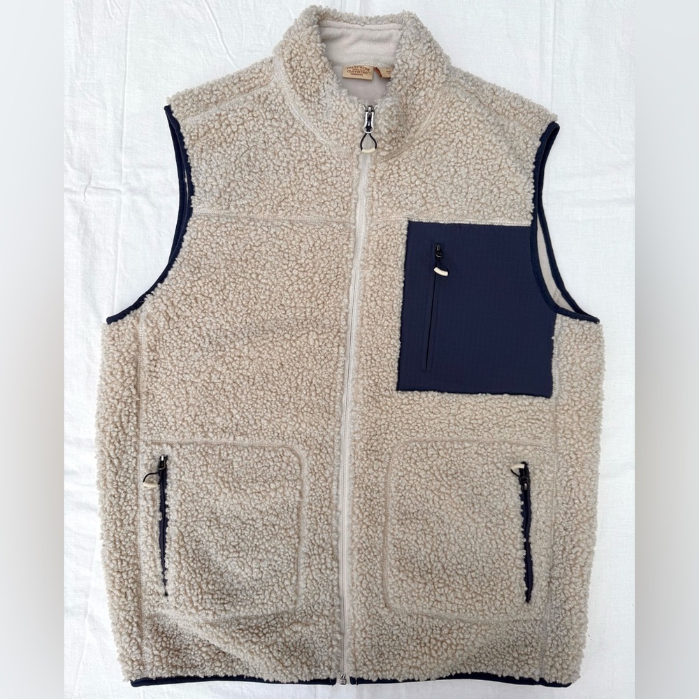 Telluride clothing cream and Blue faux Sherpa Fleece Vest with Stand-Up Collar